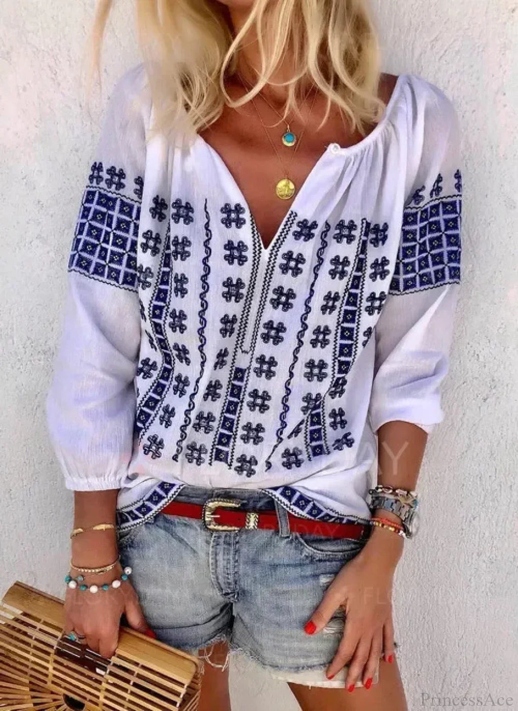 White Cotton Embroidery V-Neck Loose Pullover Boho Blouse image 1