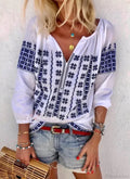 White Cotton Embroidery V-Neck Loose Pullover Boho Blouse image 1