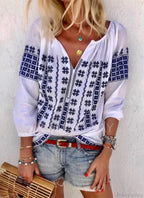 White Cotton Embroidery V-Neck Loose Pullover Boho Blouse image 1