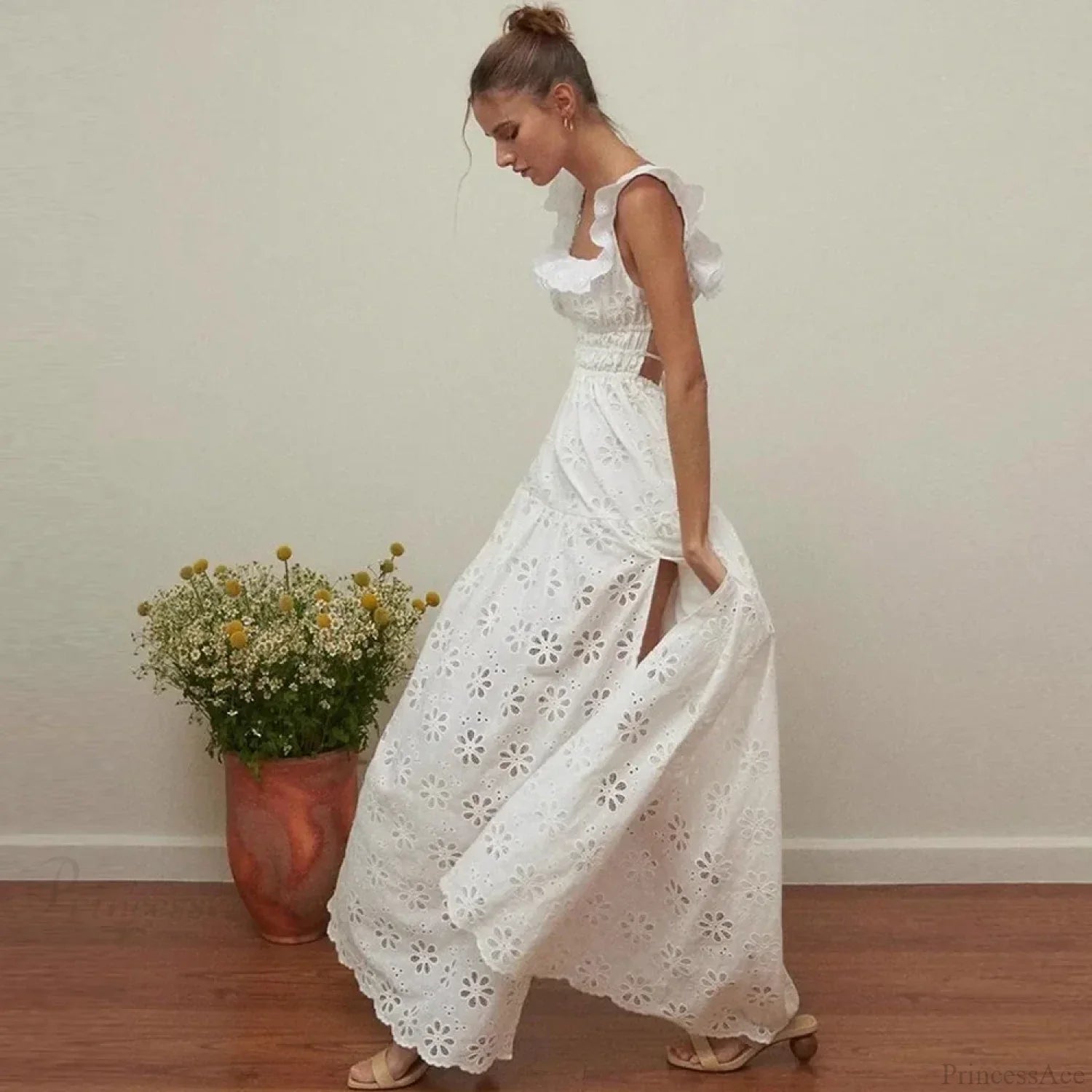 White Cotton Floral Lace Maxi Dress image 2