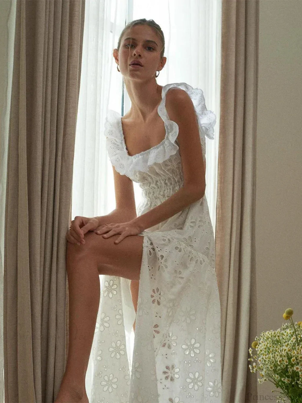 White Cotton Floral Lace Maxi Dress image 3