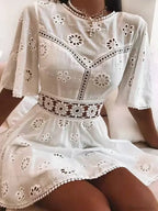 White Cotton Half Sleeve Sexy Backless Hollow Out Mini Boho Dress image 1