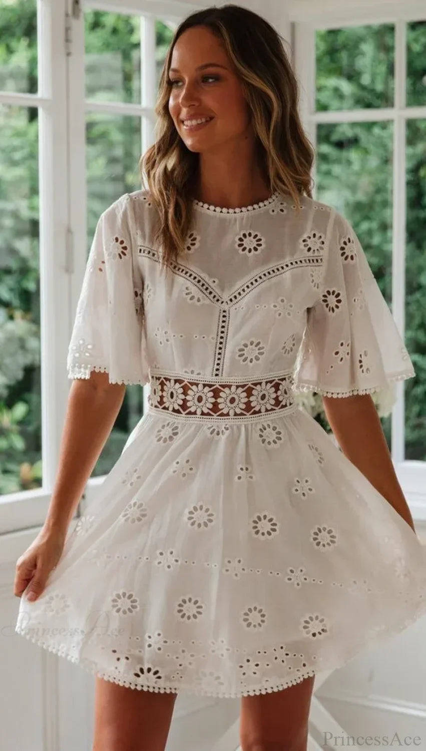 White Cotton Half Sleeve Sexy Backless Hollow Out Mini Boho Dress image 3