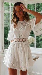 White Cotton Half Sleeve Sexy Backless Hollow Out Mini Boho Dress image 4