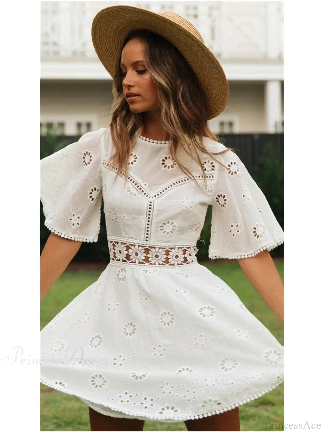White Cotton Half Sleeve Sexy Backless Hollow Out Mini Boho Dress image 2