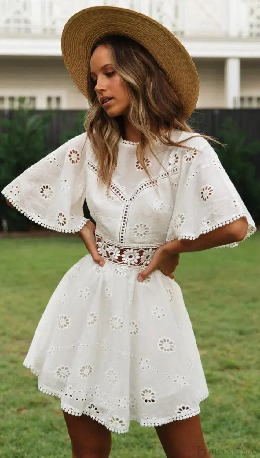 White Cotton Half Sleeve Sexy Backless Hollow Out Mini Boho Dress image 5