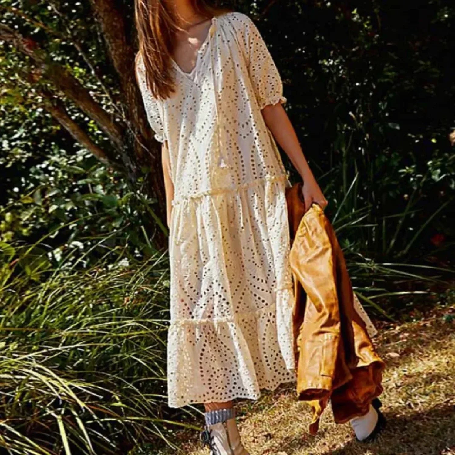 White Cotton Long Lace Dress image 4