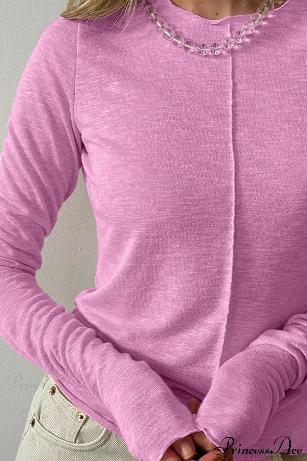 White Crew Neck Knit Panel Long Sleeve Tee image 5