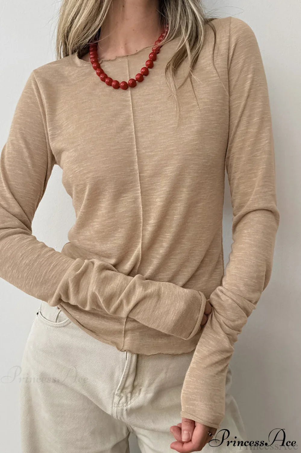 White Crew Neck Knit Panel Long Sleeve Tee image 3