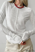 White Crew Neck Knit Panel Long Sleeve Tee image 1