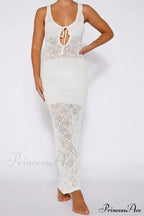 White Crochet Hollow Out Tank Dress with Tie-back image 4
