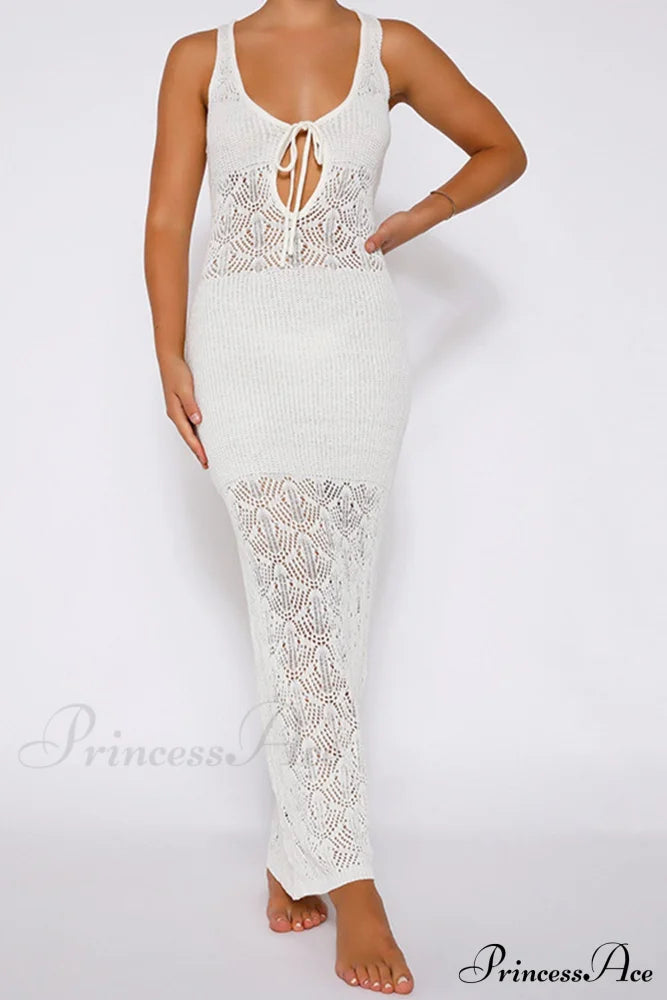 White Crochet Hollow Out Tank Dress with Tie-back image 4