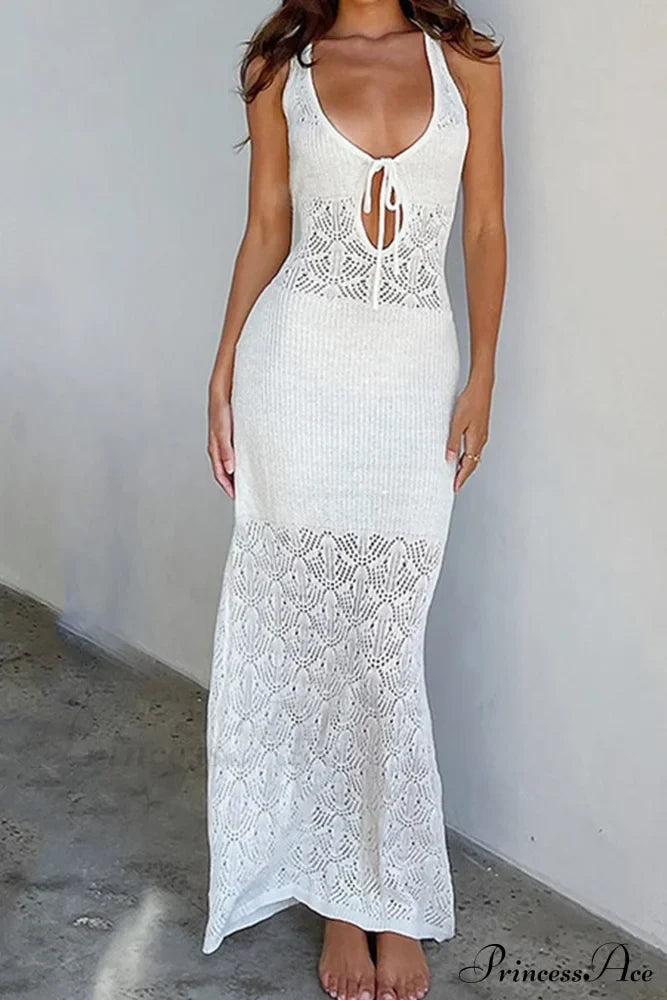 White Crochet Hollow Out Tank Dress with Tie-back image 1