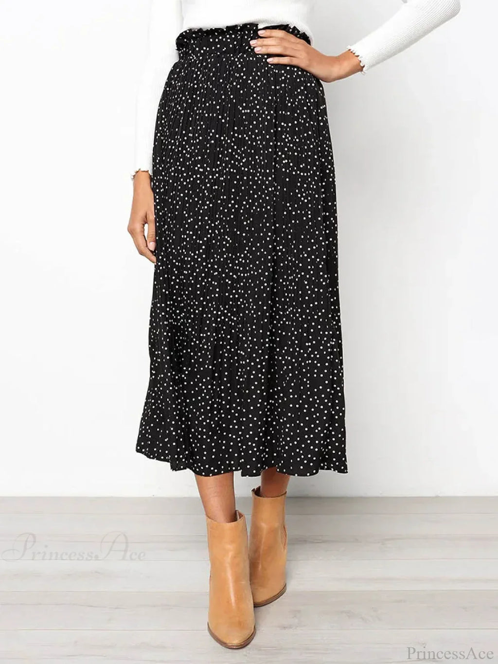 White Dots Floral Print Pleated Midi Skirt with Pockets image 6