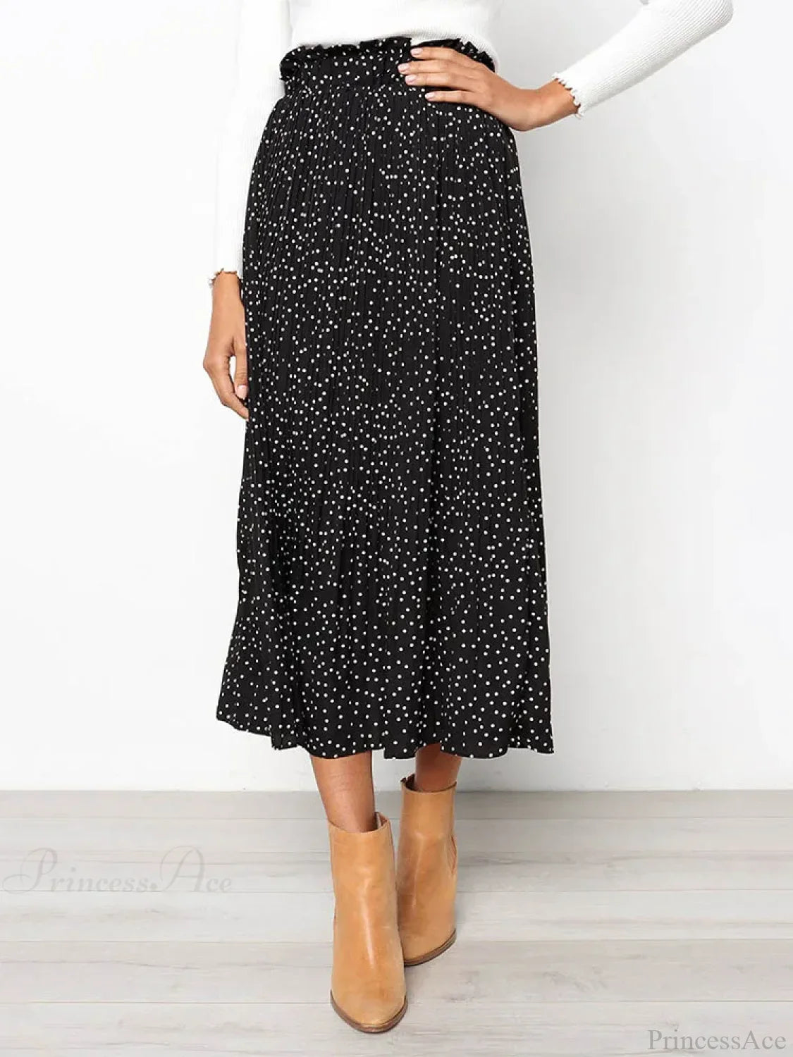 White Dots Floral Print Pleated Midi Skirt with Pockets image 6