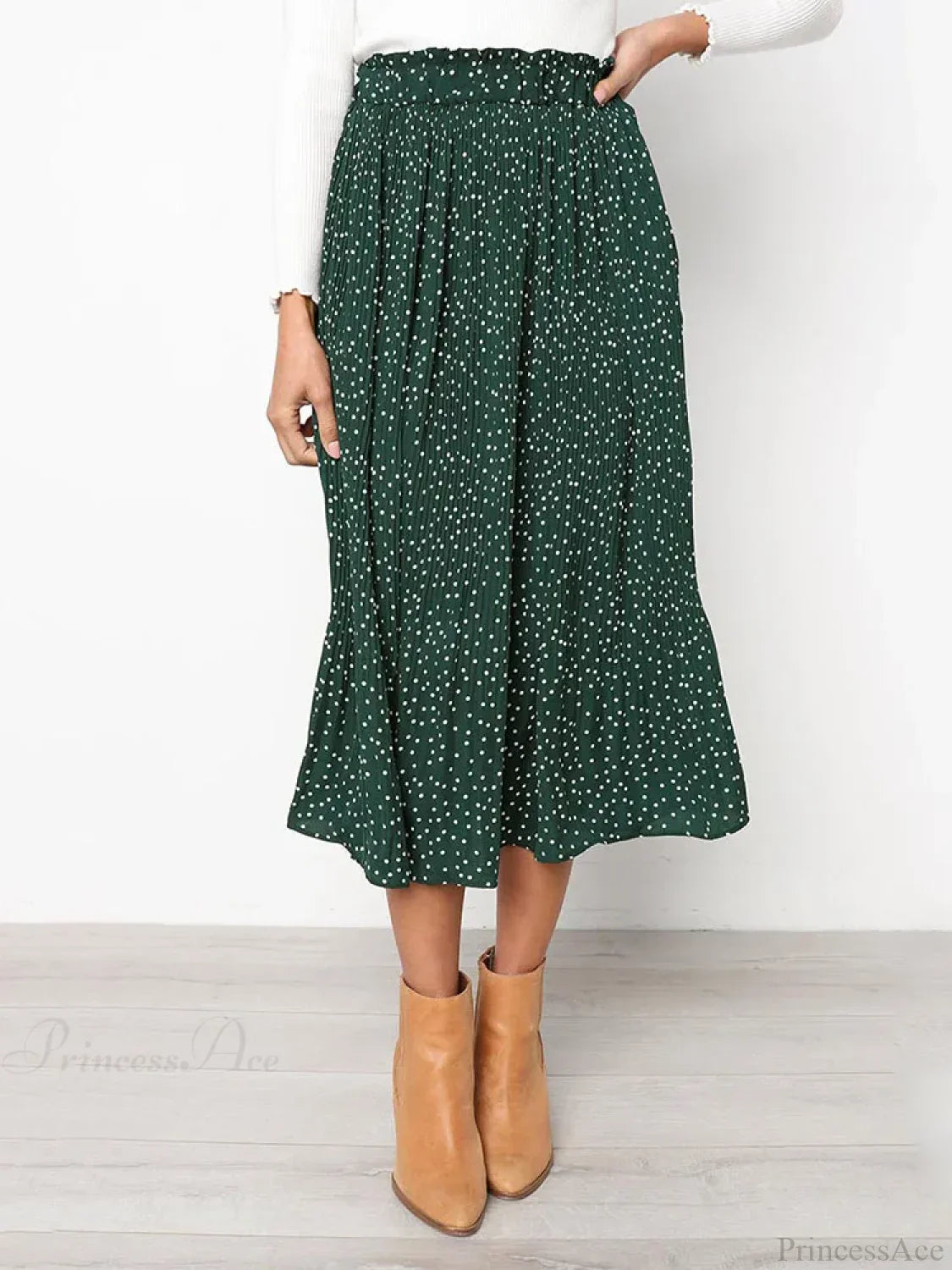 White Dots Floral Print Pleated Midi Skirt with Pockets image 8