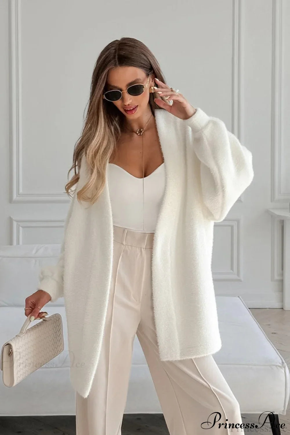 White Faux Fur Thickened Midi Elegant Coat image 2