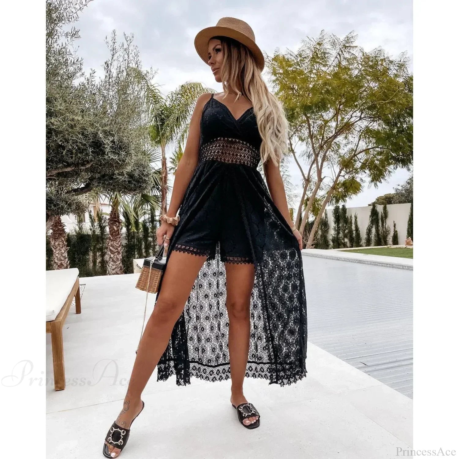 White Hollow Out Lace Strapless Sexy Split Midi Boho Dress image 6