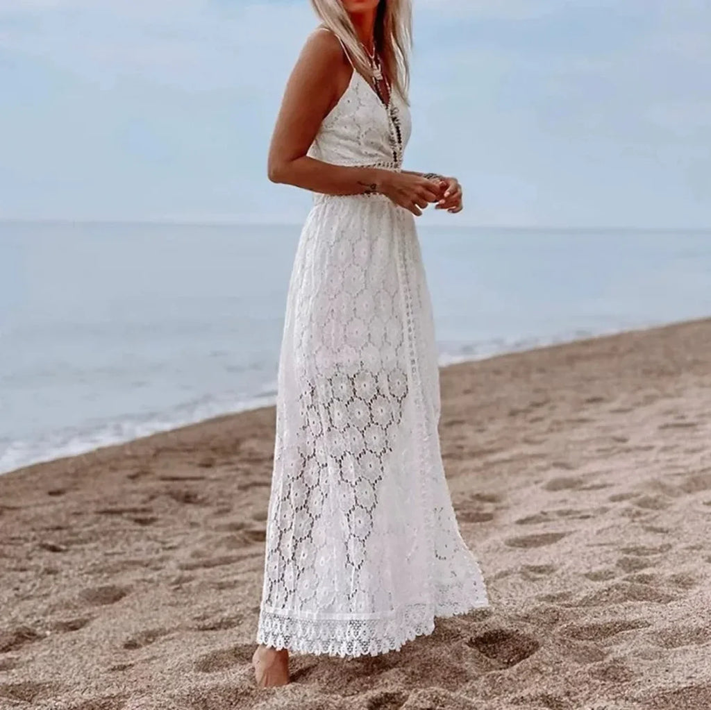 White Hollow Out Lace Strapless Sexy Split Midi Boho Dress image 4