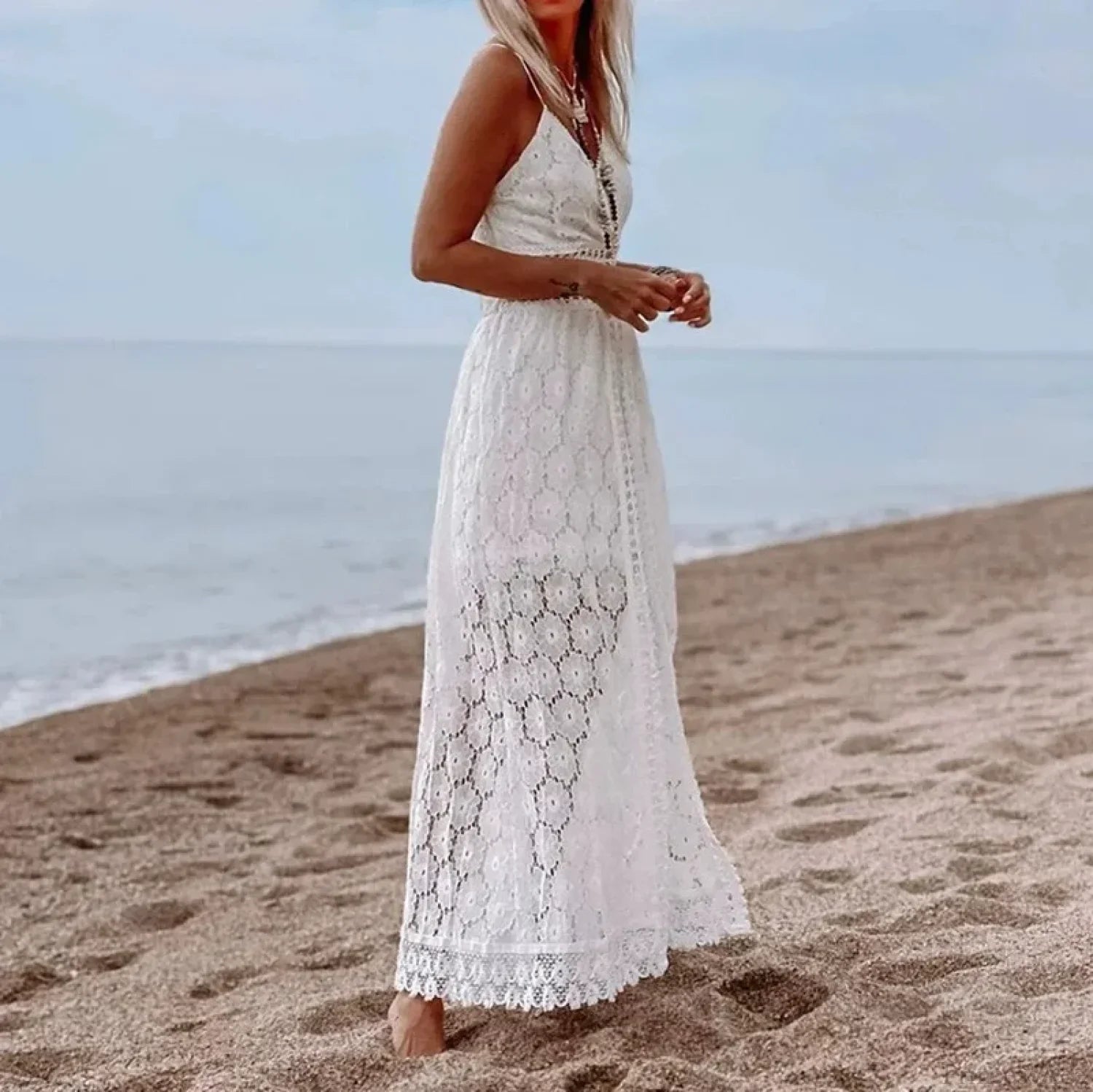 White Hollow Out Lace Strapless Sexy Split Midi Boho Dress image 4