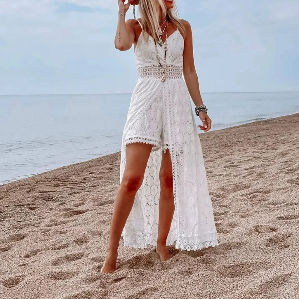 White Hollow Out Lace Strapless Sexy Split Midi Boho Dress image 3