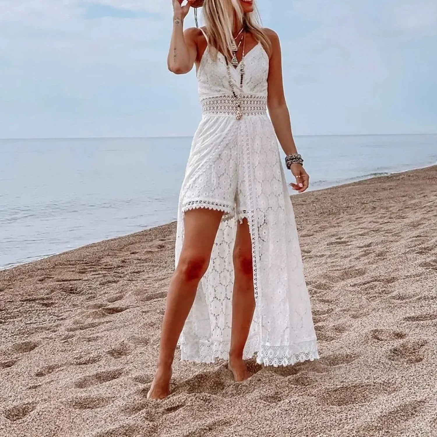 White Hollow Out Lace Strapless Sexy Split Midi Boho Dress image 3