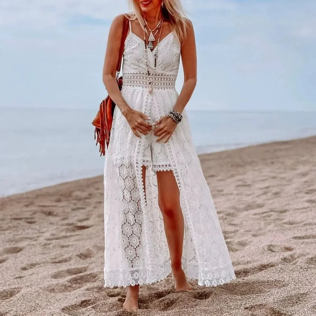 White Hollow Out Lace Strapless Sexy Split Midi Boho Dress image 2