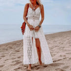 White Hollow Out Lace Strapless Sexy Split Midi Boho Dress image 2