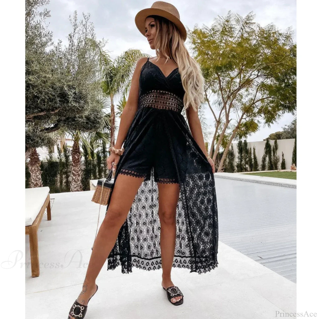 White Hollow Out Lace Strapless Sexy Split Midi Boho Dress image 5