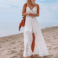 White Hollow Out Lace Strapless Sexy Split Midi Boho Dress image 1