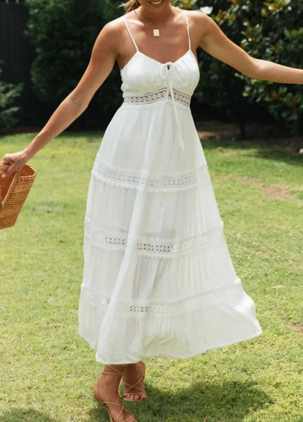 White Hollow Out Strapless Split Sleeveless Maxi Boho Dress image 6