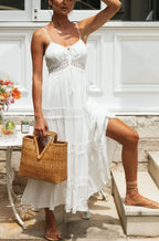 White Hollow Out Strapless Split Sleeveless Maxi Boho Dress image 2