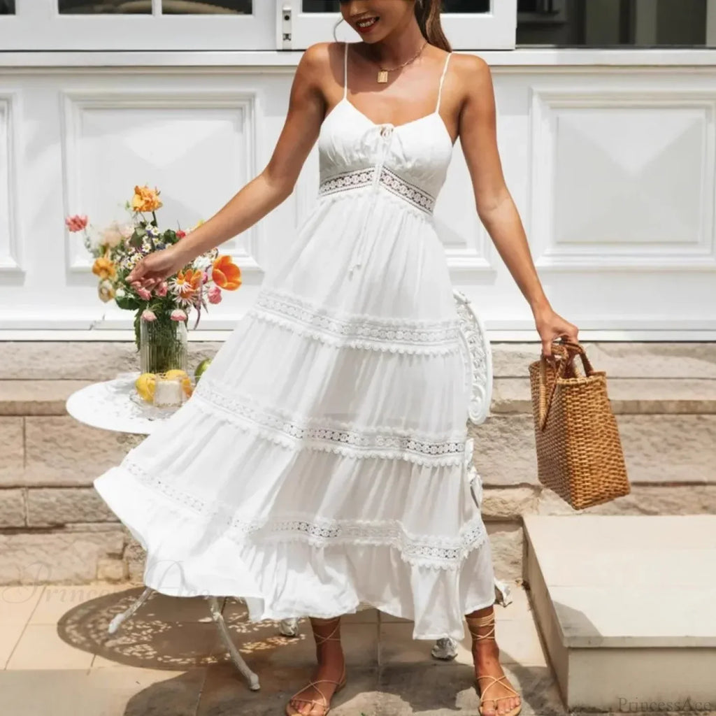 White Hollow Out Strapless Split Sleeveless Maxi Boho Dress image 1