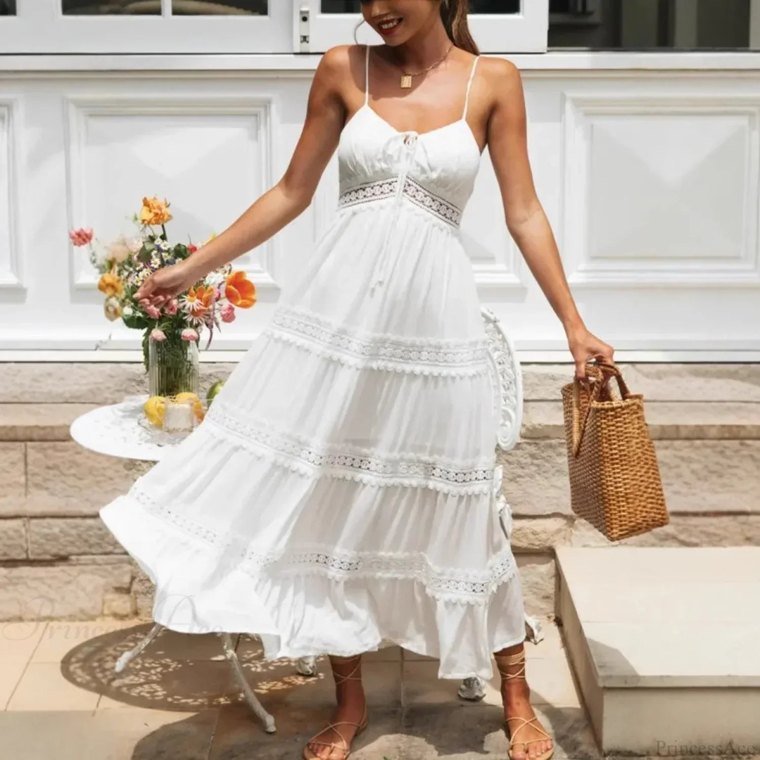 White Hollow Out Strapless Split Sleeveless Maxi Boho Dress image 1