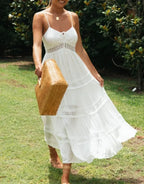 White Hollow Out Strapless Split Sleeveless Maxi Boho Dress image 4