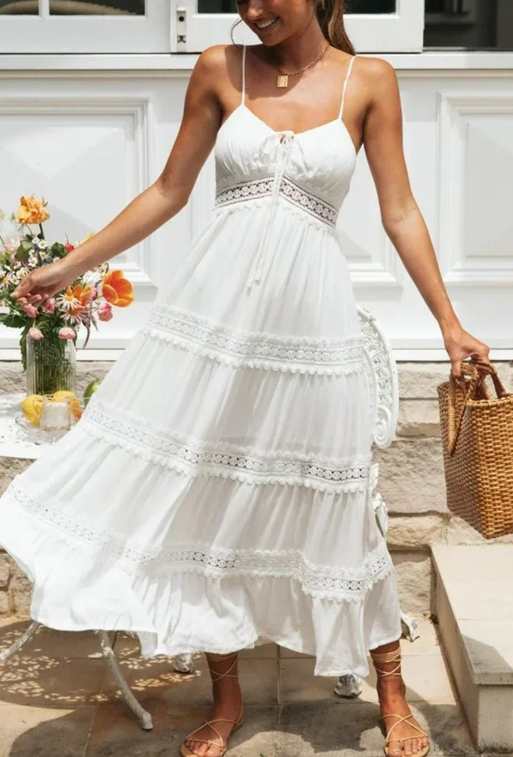 White Hollow Out Strapless Split Sleeveless Maxi Boho Dress image 7