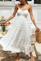 White Hollow Out Strapless Split Sleeveless Maxi Boho Dress image 7