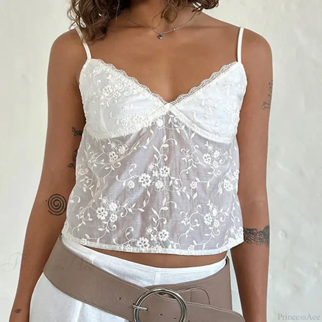 White Jacquard Floral Lace Trim V Neck Kawaii Fairycore 00s Y2K Camisole Crop Top image 4