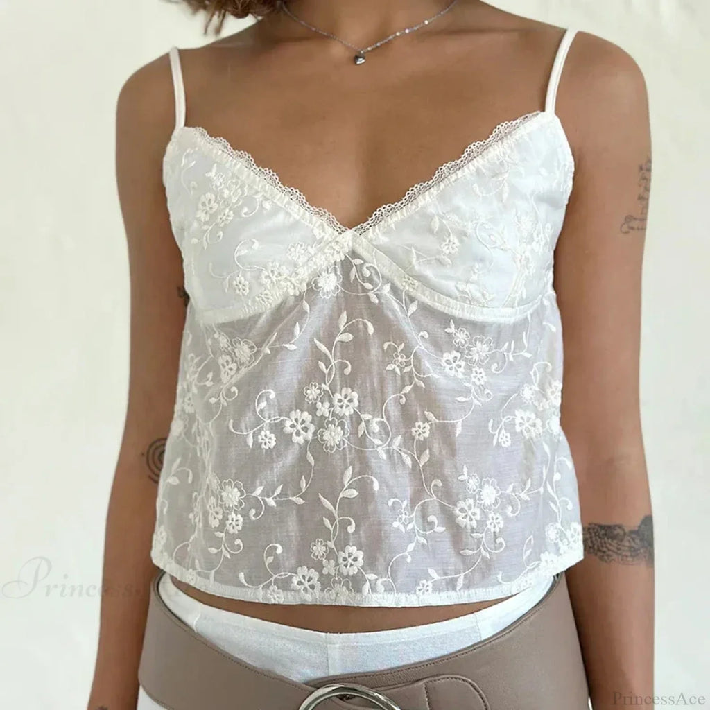 White Jacquard Floral Lace Trim V Neck Kawaii Fairycore 00s Y2K Camisole Crop Top image 1