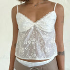 White Jacquard Floral Lace Trim V Neck Kawaii Fairycore 00s Y2K Camisole Crop Top image 1