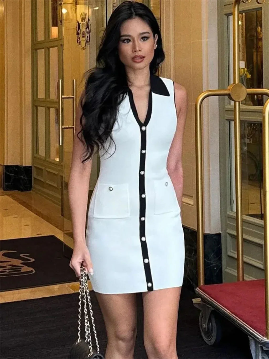 White Knitted Lapel Mini Dress image 6