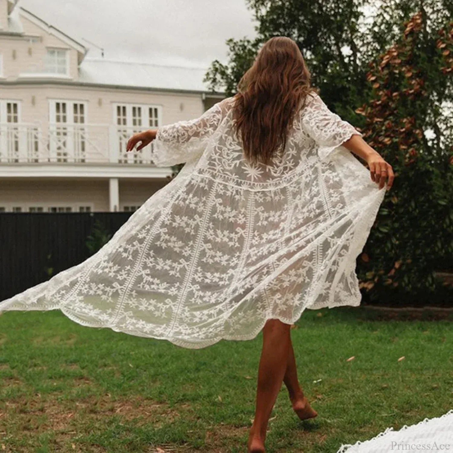 White Lace Cardigan Boho Bikini Cover Up See-through image 1