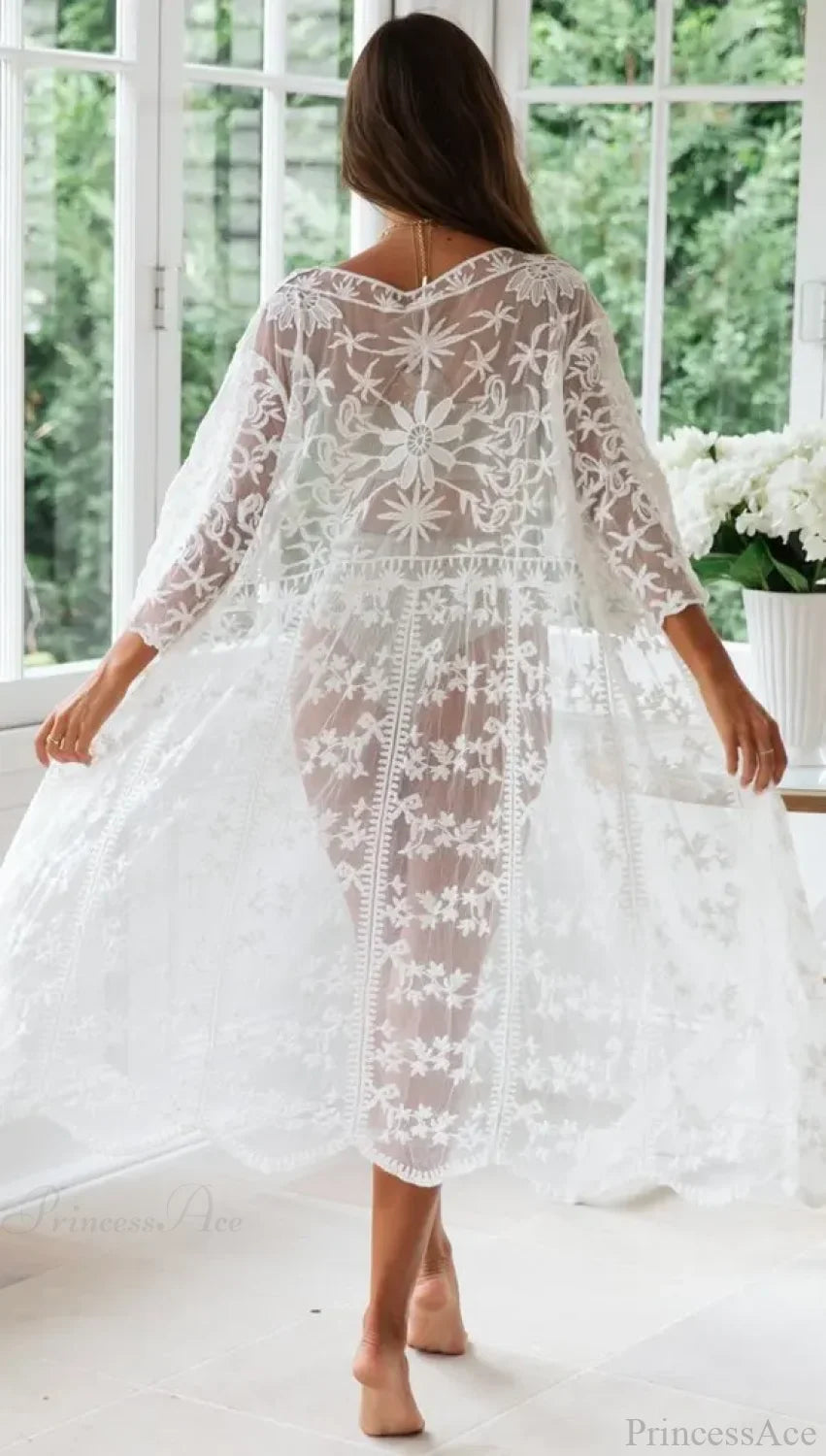 White Lace Cardigan Boho Bikini Cover Up See-through image 5