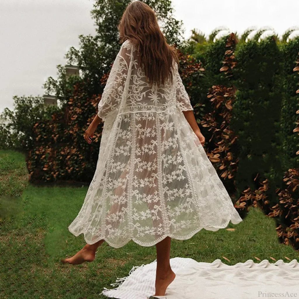 White Lace Cardigan Boho Bikini Cover Up See-through image 2