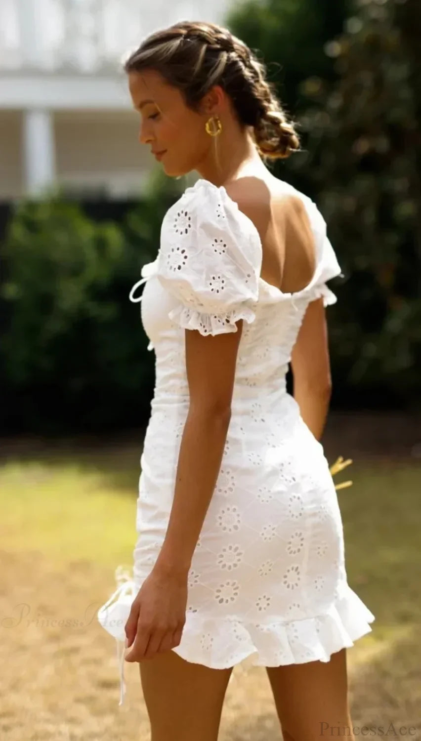 White Lace Cotton Short Sleeve Bodycon Mini Boho Dress image 5