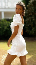 White Lace Cotton Short Sleeve Bodycon Mini Boho Dress image 4