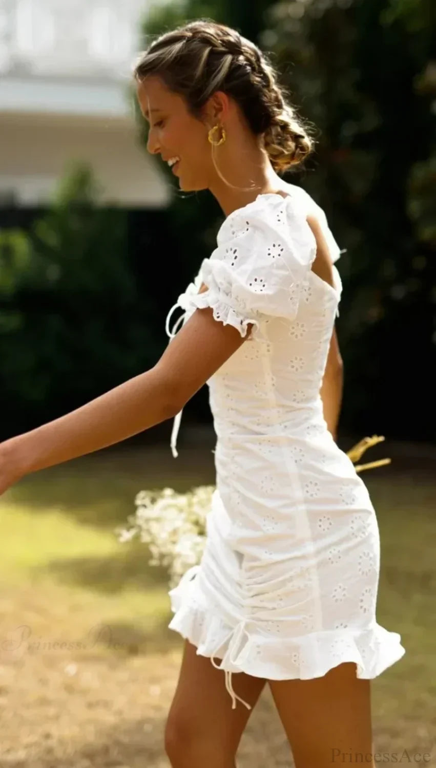White Lace Cotton Short Sleeve Bodycon Mini Boho Dress image 3