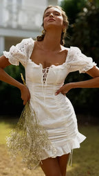 White Lace Cotton Short Sleeve Bodycon Mini Boho Dress image 1