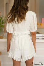 White Lace Crochet Short Sleeve Dress Set image 2