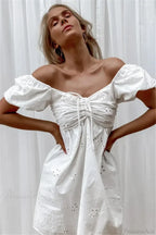 White Lace Embroidery V-neck Cotton Wrist Mini Boho Dress image 2